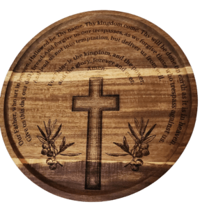Lord's Prayer and Cross on Round Wood Tray / Wall Display