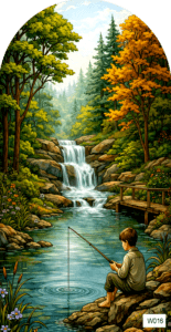 W016 boy fishing by waterfall ARCH